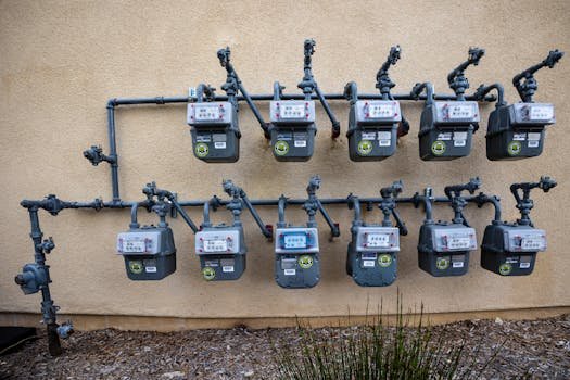 A neat installation of gas meters mounted on an exterior wall in an urban setting.